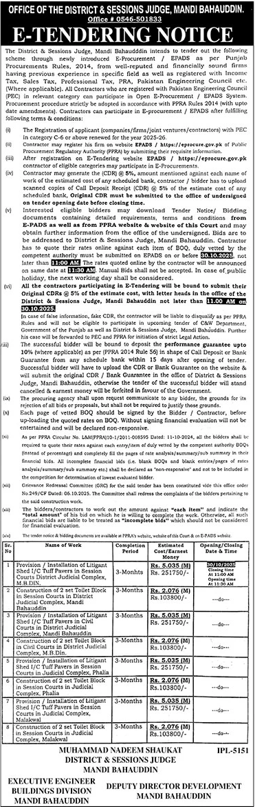 District & Session Court Mandi Bahauddin Tender Notice